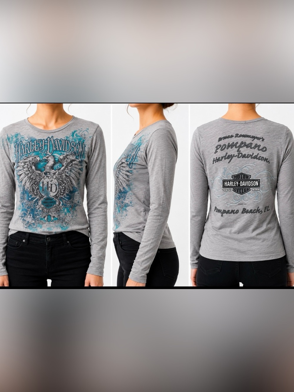 Harley-Davidson Women’s Gray Long Sleeve Tee with Teal and Blue Graphic